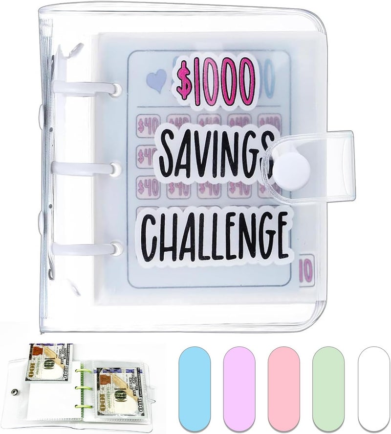 Dreamplay Mini Money Saving Binder, $1000 Money Saving Challenge Book Budget Binder with Envelopes Portable Deposit Anytime Anywhere (White) - Image 1